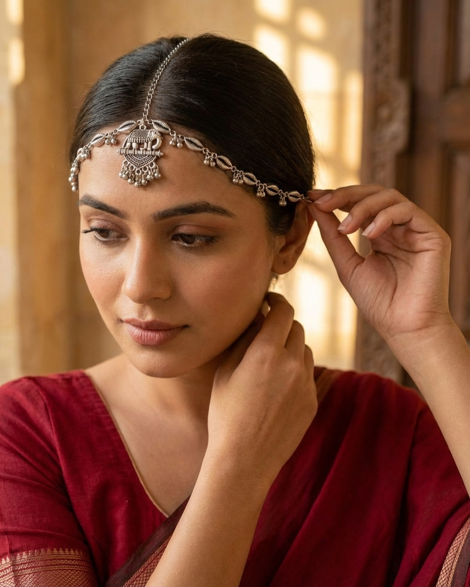 Oxidized Silver Elephant Motif Matha Patti with Shell-Inspired Detailing