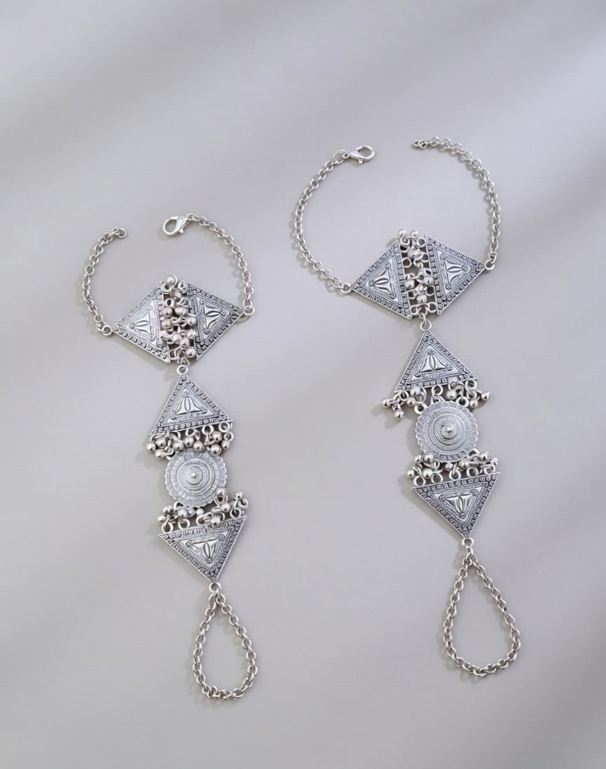 Oxidized Silver Ethnic Tribal Hathphool Set Traditional Hand Harness with Ghungroo Details