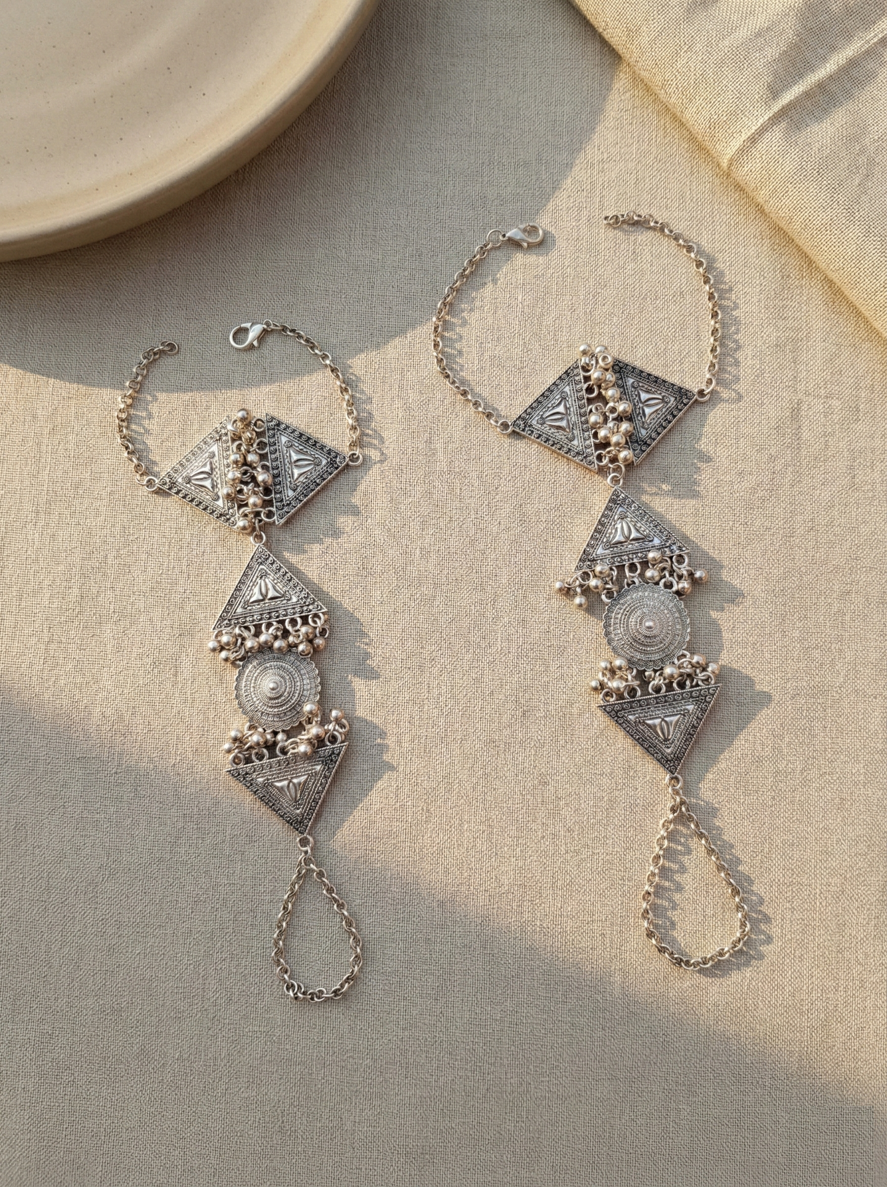 Oxidized Silver Ethnic Tribal Hathphool Set Traditional Hand Harness with Ghungroo Details