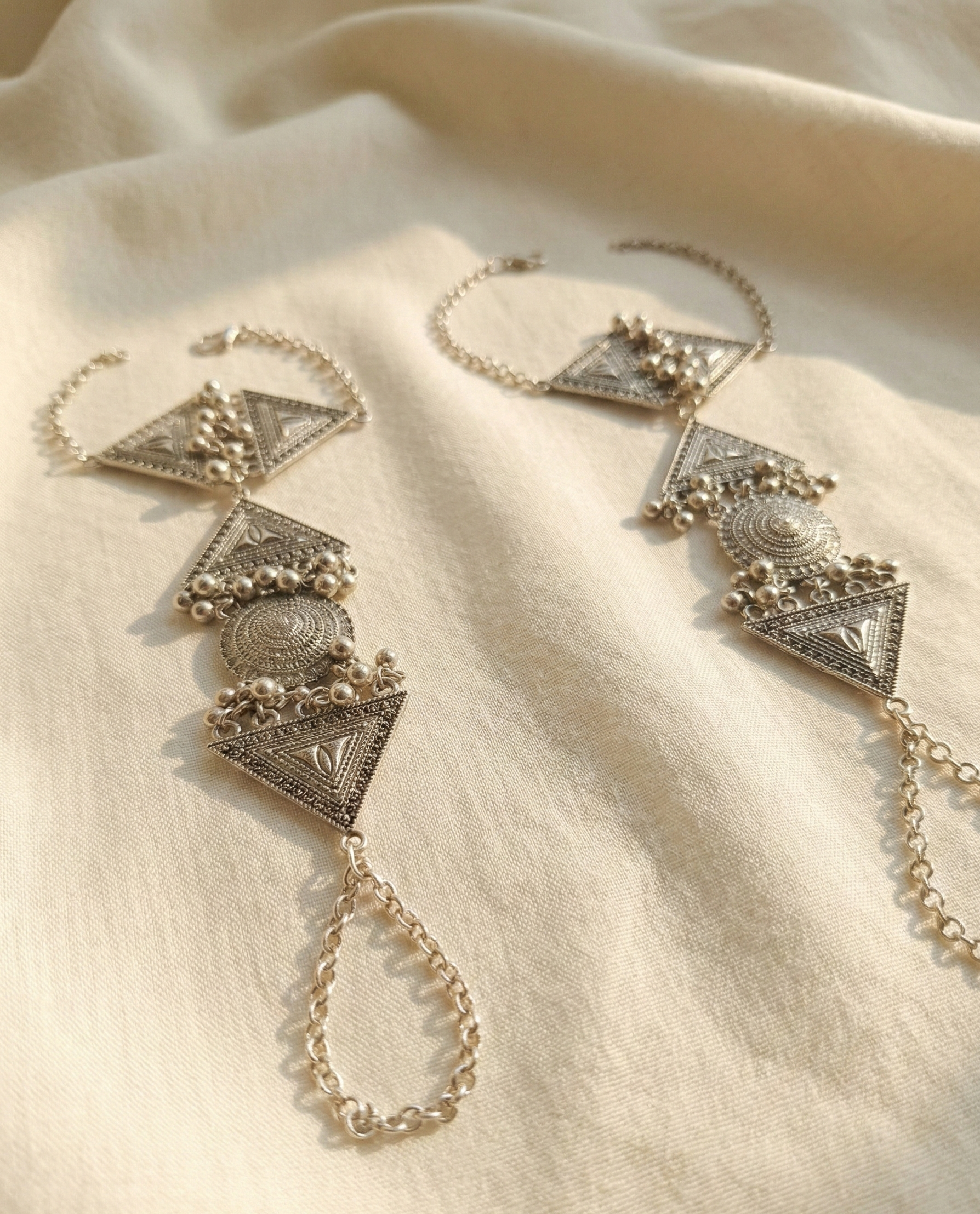 Oxidized Silver Ethnic Tribal Hathphool Set Traditional Hand Harness with Ghungroo Details