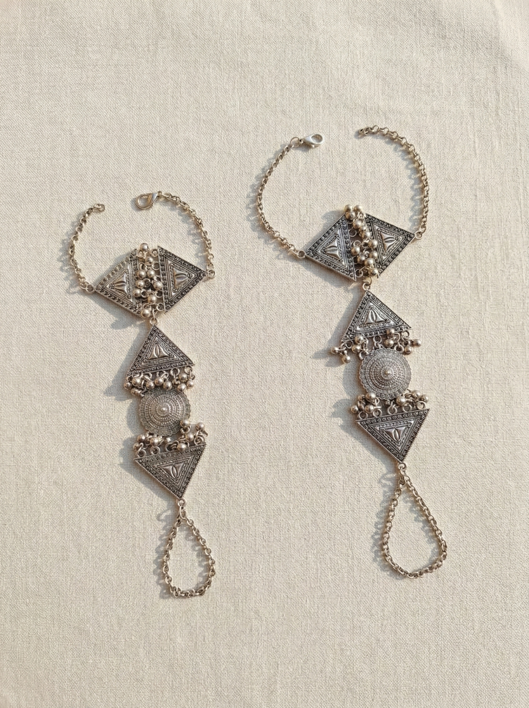 Oxidized Silver Ethnic Tribal Hathphool Set Traditional Hand Harness with Ghungroo Details