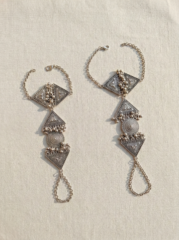 Oxidized Silver Ethnic Tribal Hathphool Set Traditional Hand Harness with Ghungroo Details