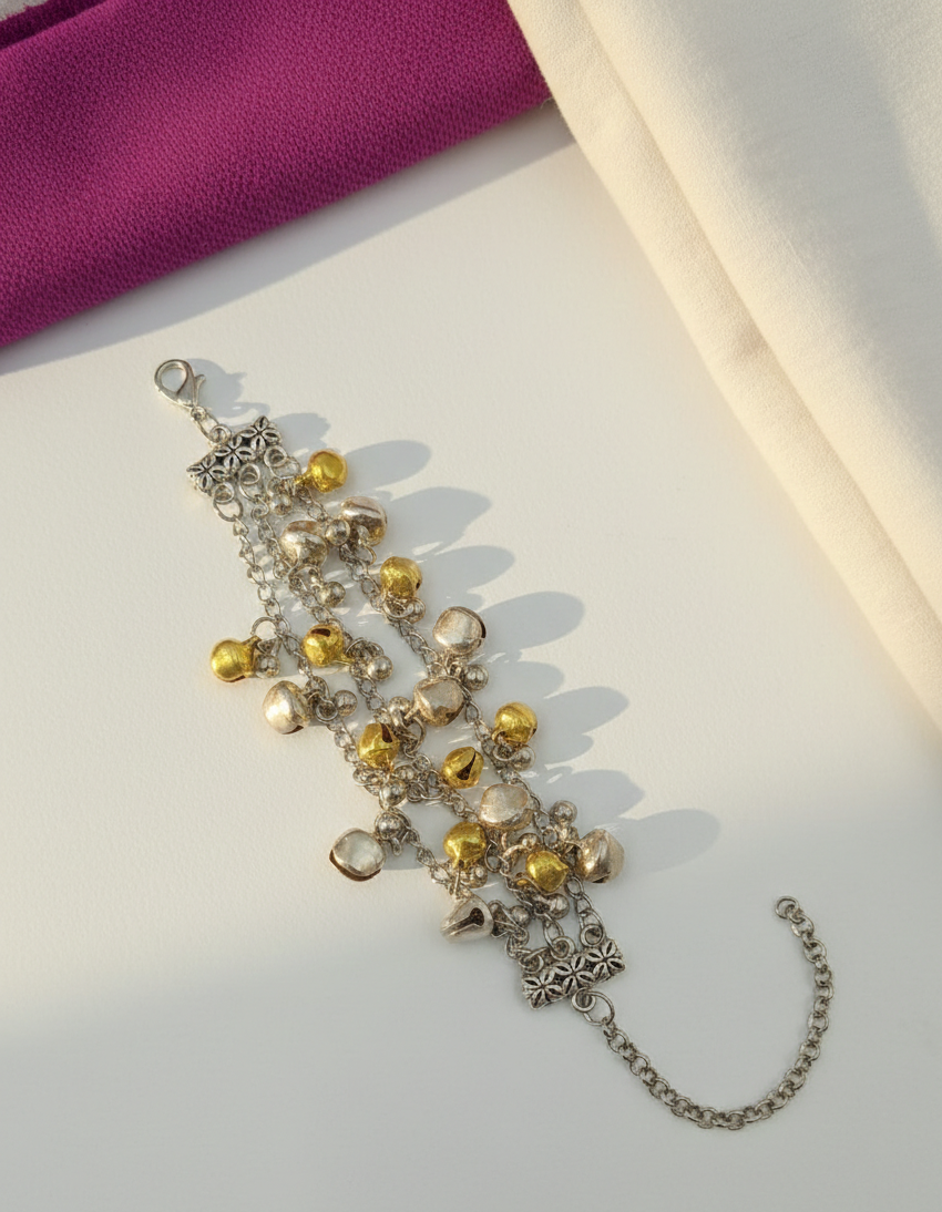 Oxidized Silver Finish Multi-Layer Bell Charm Bracelet | Two-Tone Jewelry