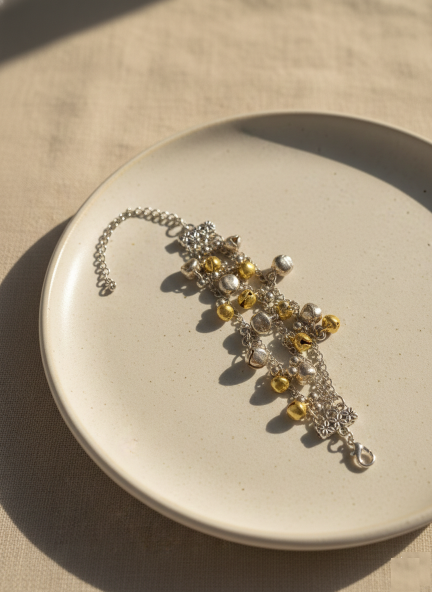 Oxidized Silver Finish Multi-Layer Bell Charm Bracelet | Two-Tone Jewelry