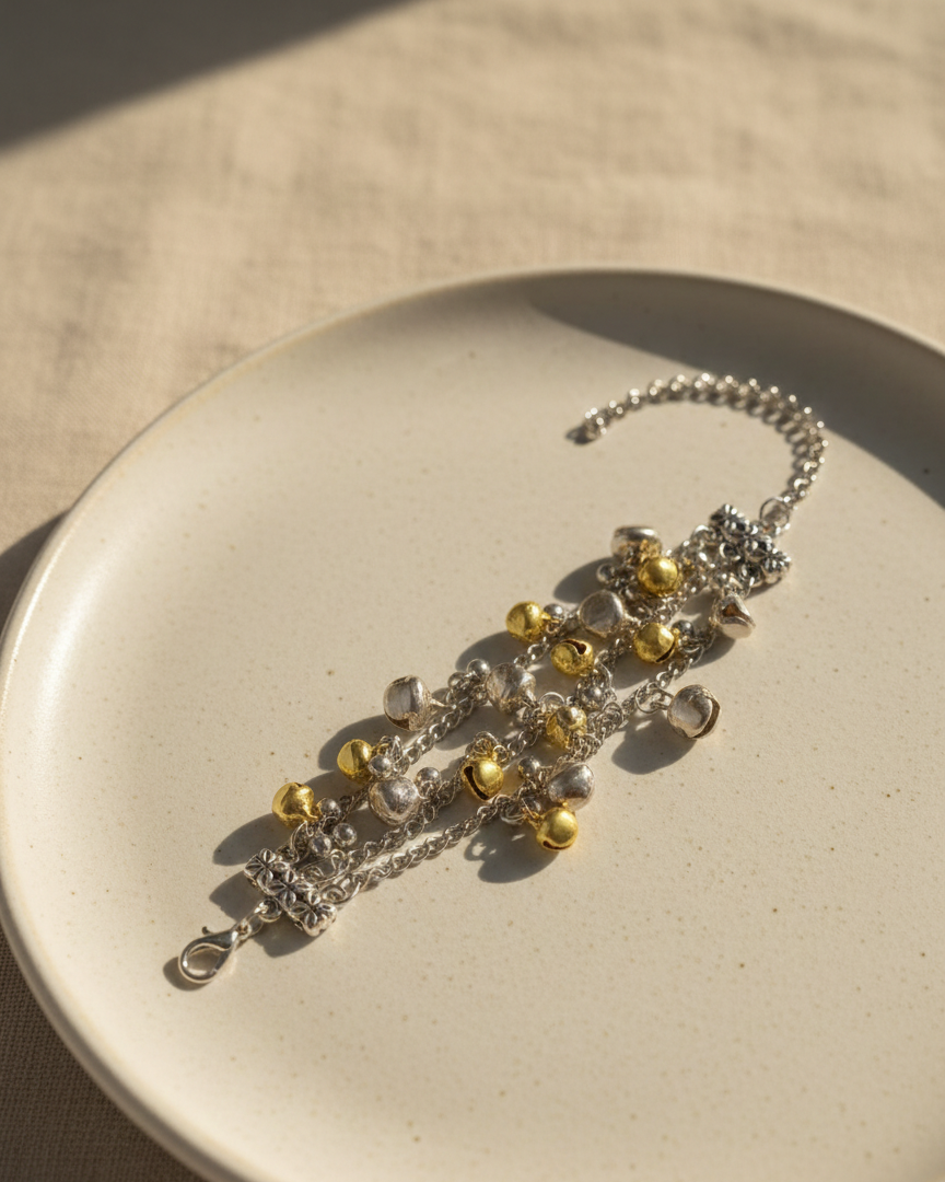 Oxidized Silver Finish Multi-Layer Bell Charm Bracelet | Two-Tone Jewelry