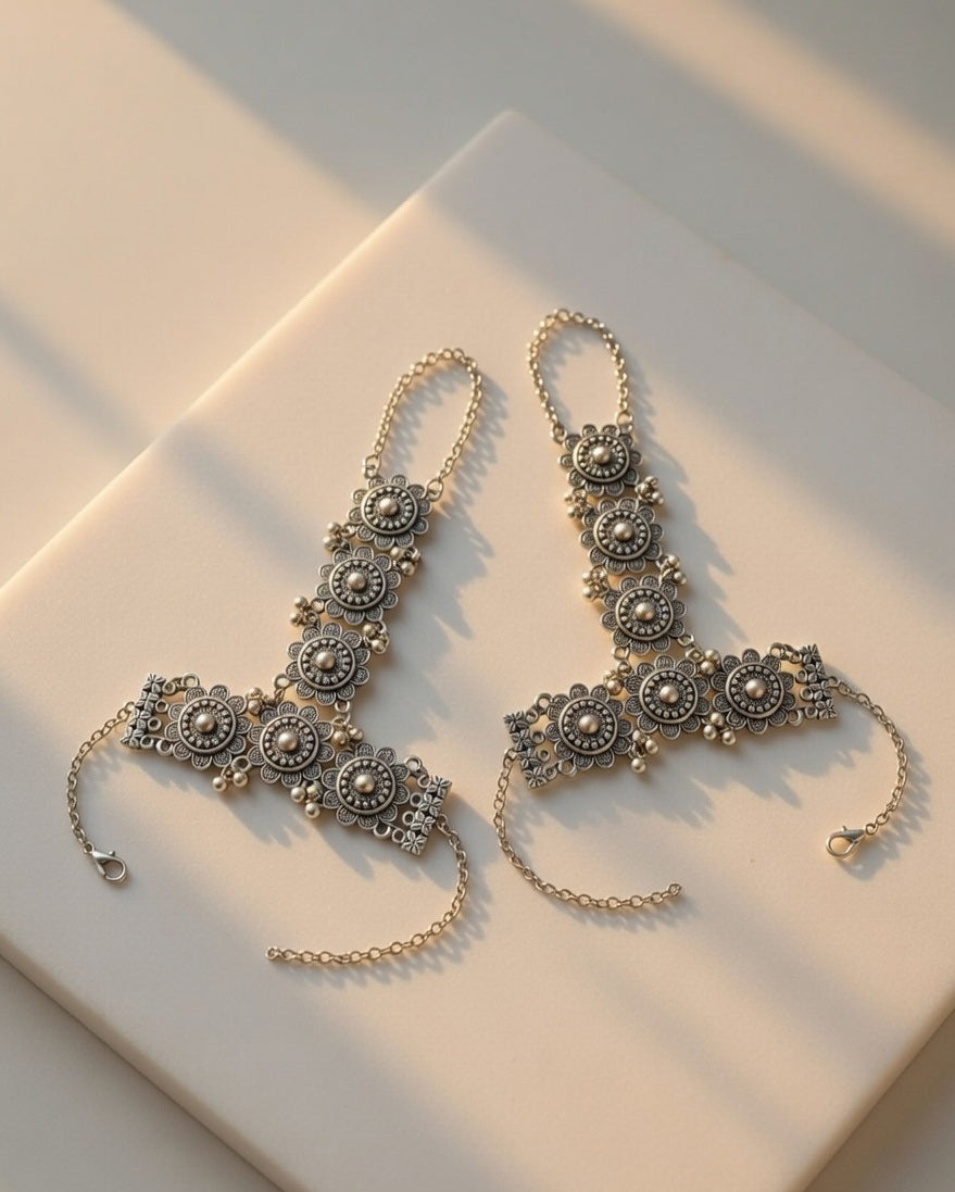 Oxidized Silver Floral Hathphool Set Traditional Adjustable Hand Harness Bracelet with Finger Ring