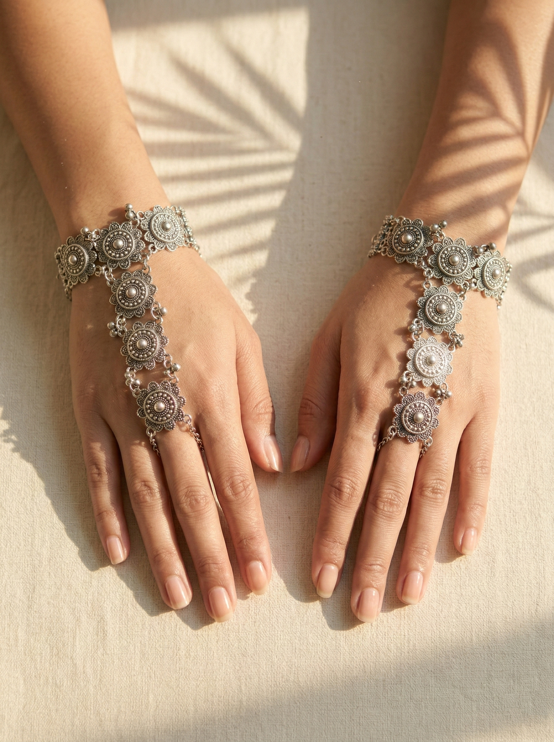 Oxidized Silver Floral Hathphool Set Traditional Adjustable Hand Harness Bracelet with Finger Ring