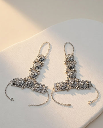 Oxidized Silver Floral Hathphool Set Traditional Adjustable Hand Harness Bracelet with Finger Ring