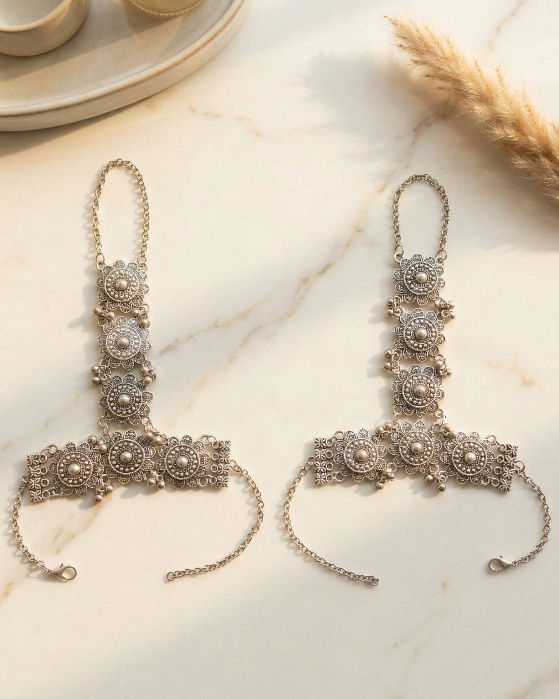 Oxidized Silver Floral Hathphool Set Traditional Adjustable Hand Harness Bracelet with Finger Ring