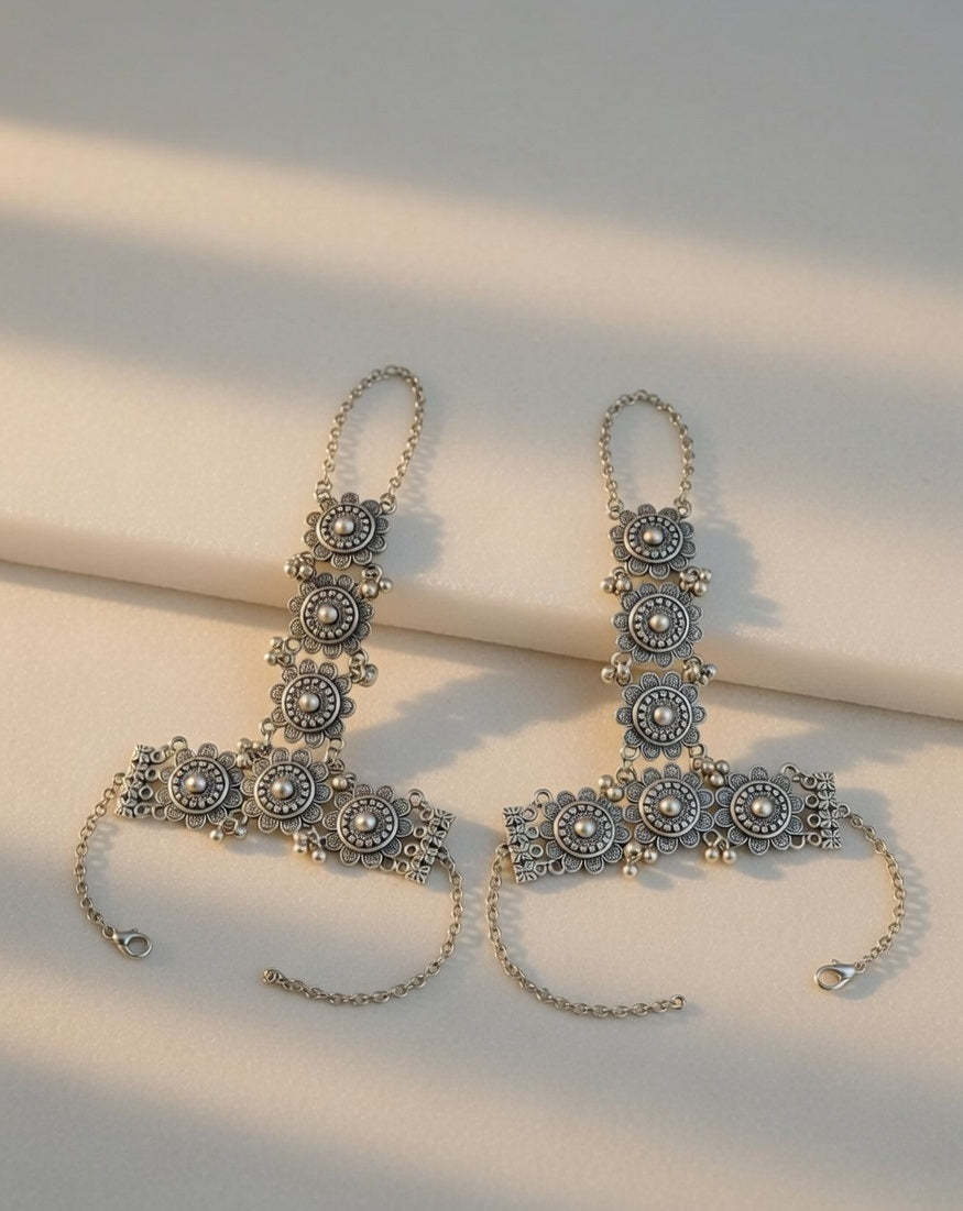 Oxidized Silver Floral Hathphool Set Traditional Adjustable Hand Harness Bracelet with Finger Ring