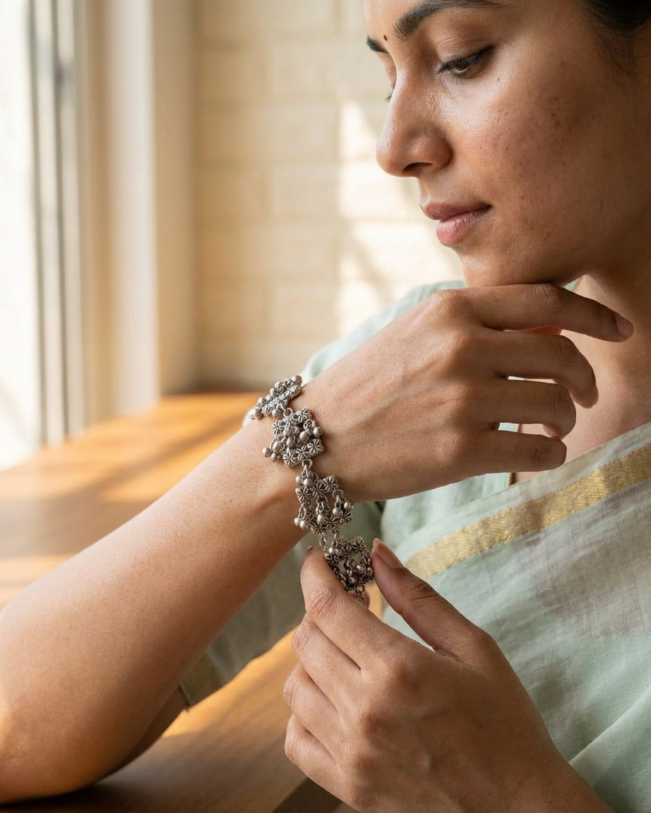Oxidized Silver Floral Pattern Link Bracelet with Ghungroo Accents