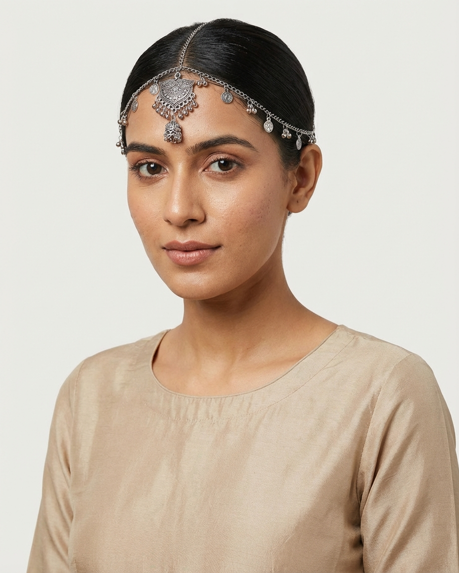 Oxidized Silver Matha Patti with Coin Charms and Ghungroo Droplets Traditional Ethnic Headband for Women and Girls