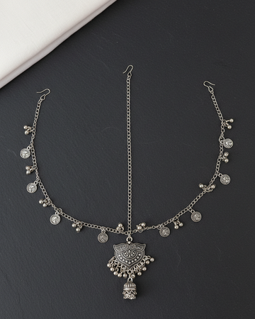 Oxidized Silver Matha Patti with Coin Charms and Ghungroo Droplets Traditional Ethnic Headband for Women and Girls