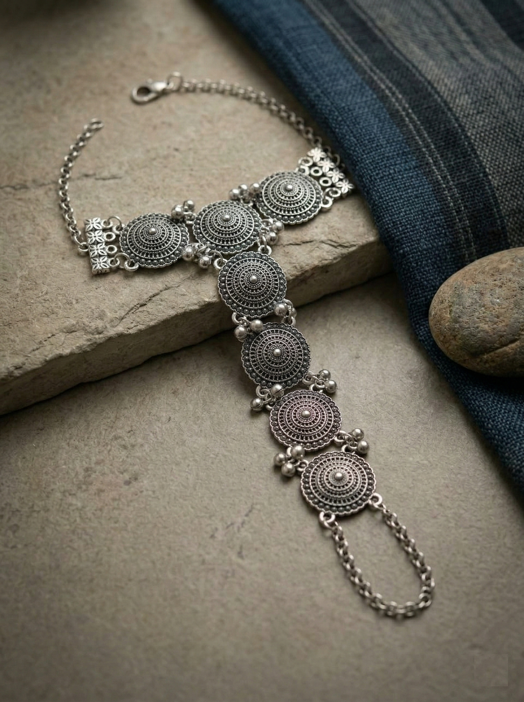 Oxidized Silver-Plated Boho Hathphool Traditional Tribal Style Hand Harness with Mandala Motifs