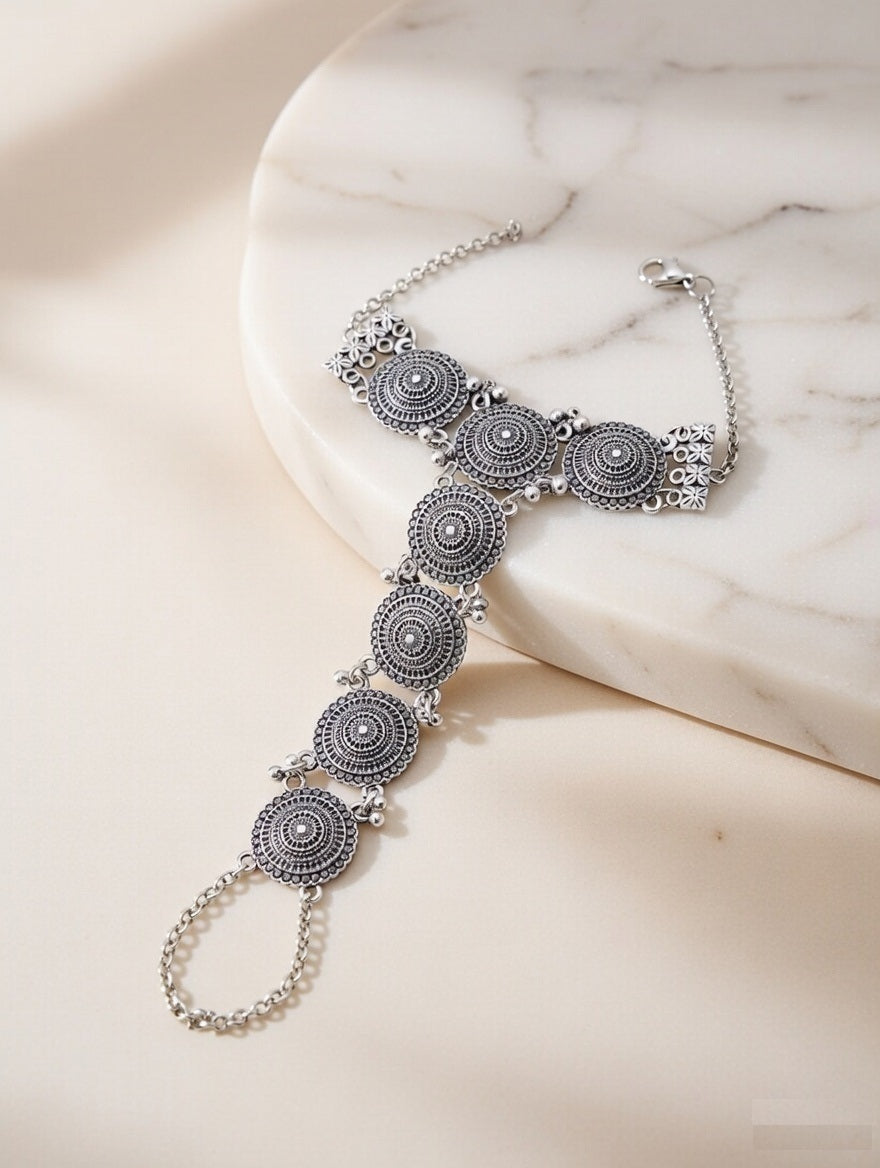 Oxidized Silver-Plated Boho Hathphool Traditional Tribal Style Hand Harness with Mandala Motifs