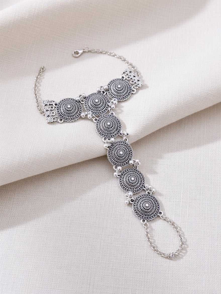 Oxidized Silver-Plated Boho Hathphool Traditional Tribal Style Hand Harness with Mandala Motifs