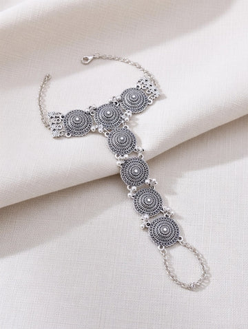 Oxidized Silver-Plated Boho Hathphool Traditional Tribal Style Hand Harness with Mandala Motifs