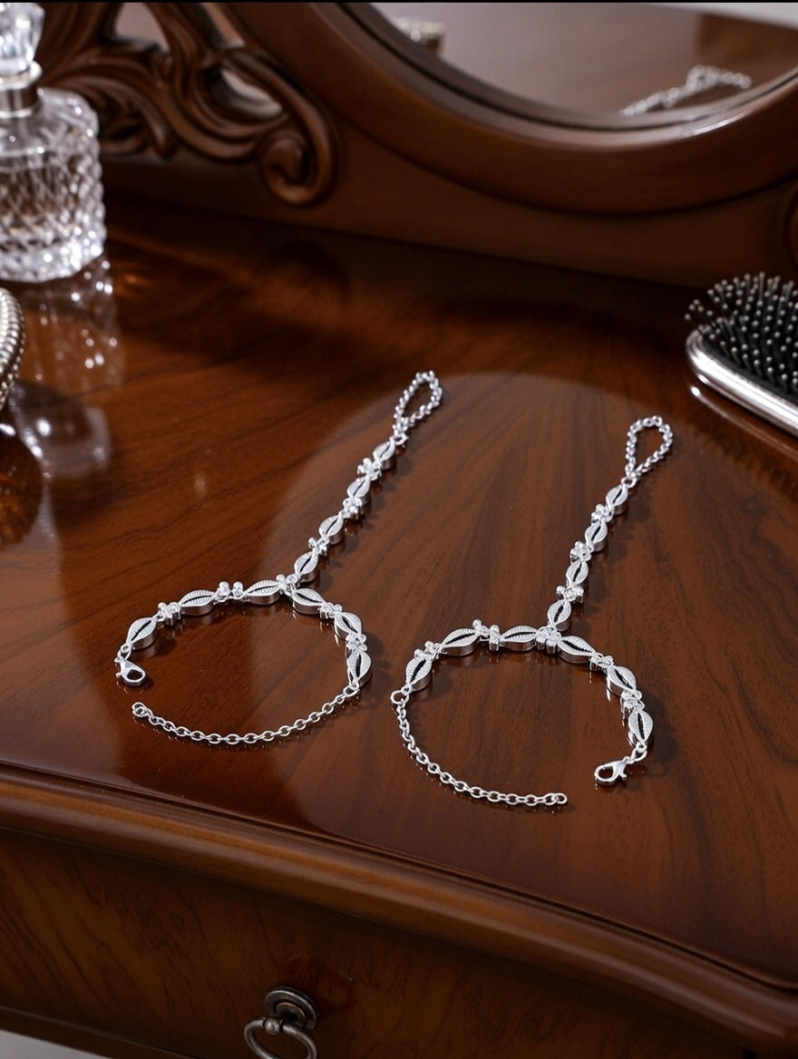 Oxidized Silver-Plated Cowrie Shell Haath Phool Set of 2 Boho Tribal Hand Harnesses for Women