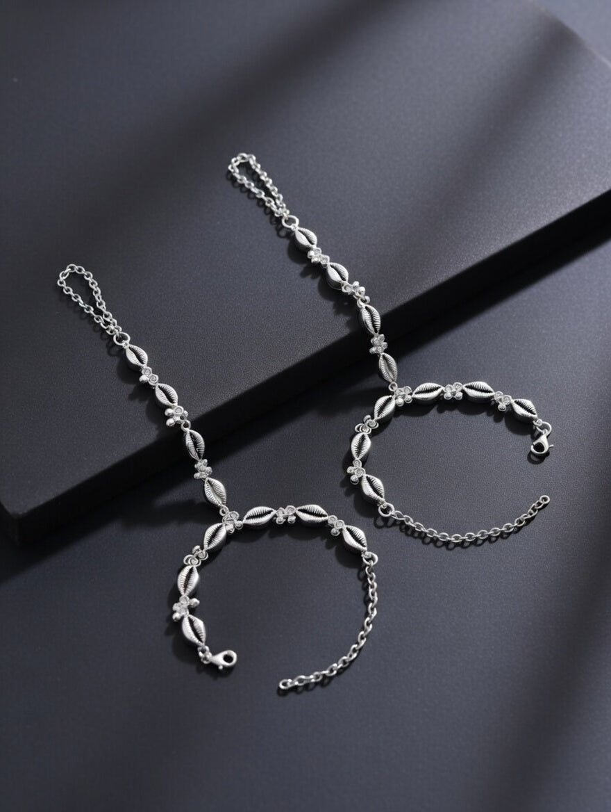 Oxidized Silver-Plated Cowrie Shell Haath Phool Set of 2 Boho Tribal Hand Harnesses for Women
