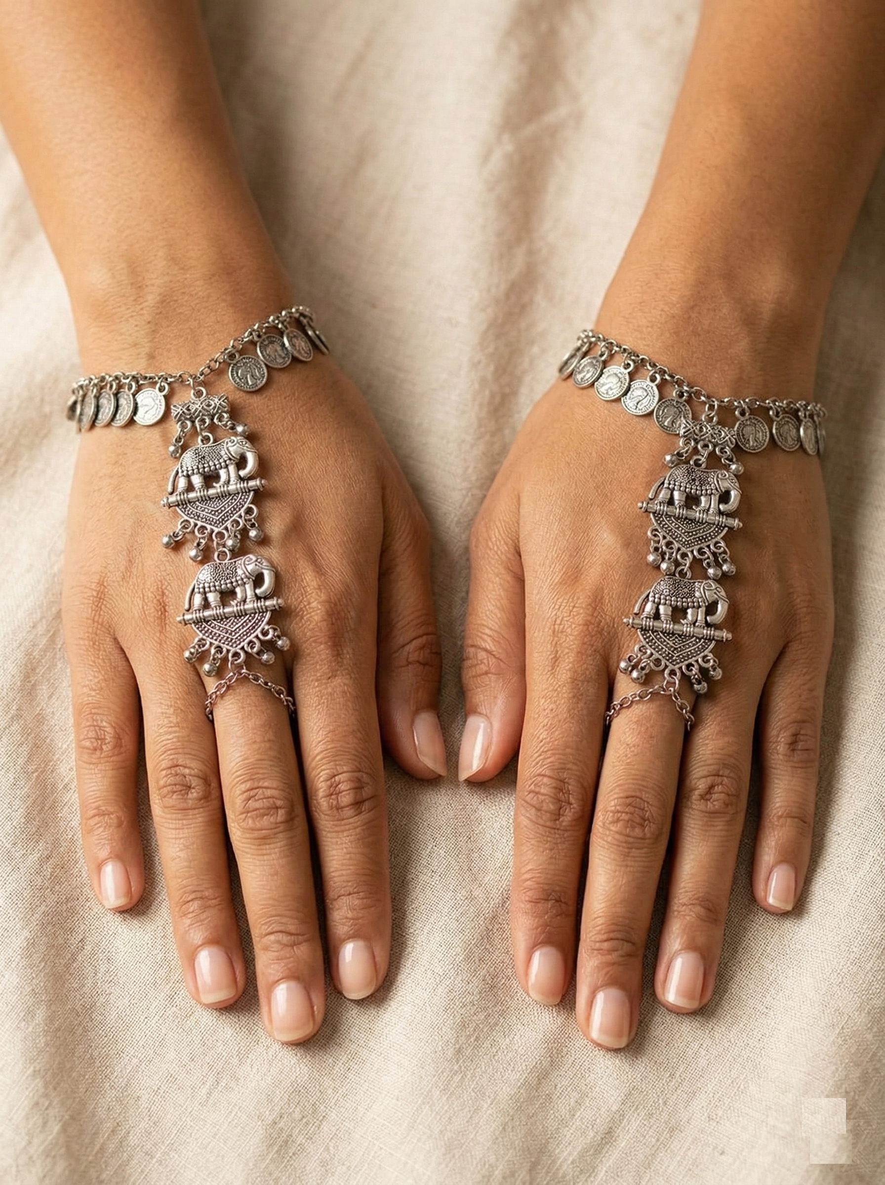Oxidized Silver-Plated Elephant Motif Haath Phool Set Pair