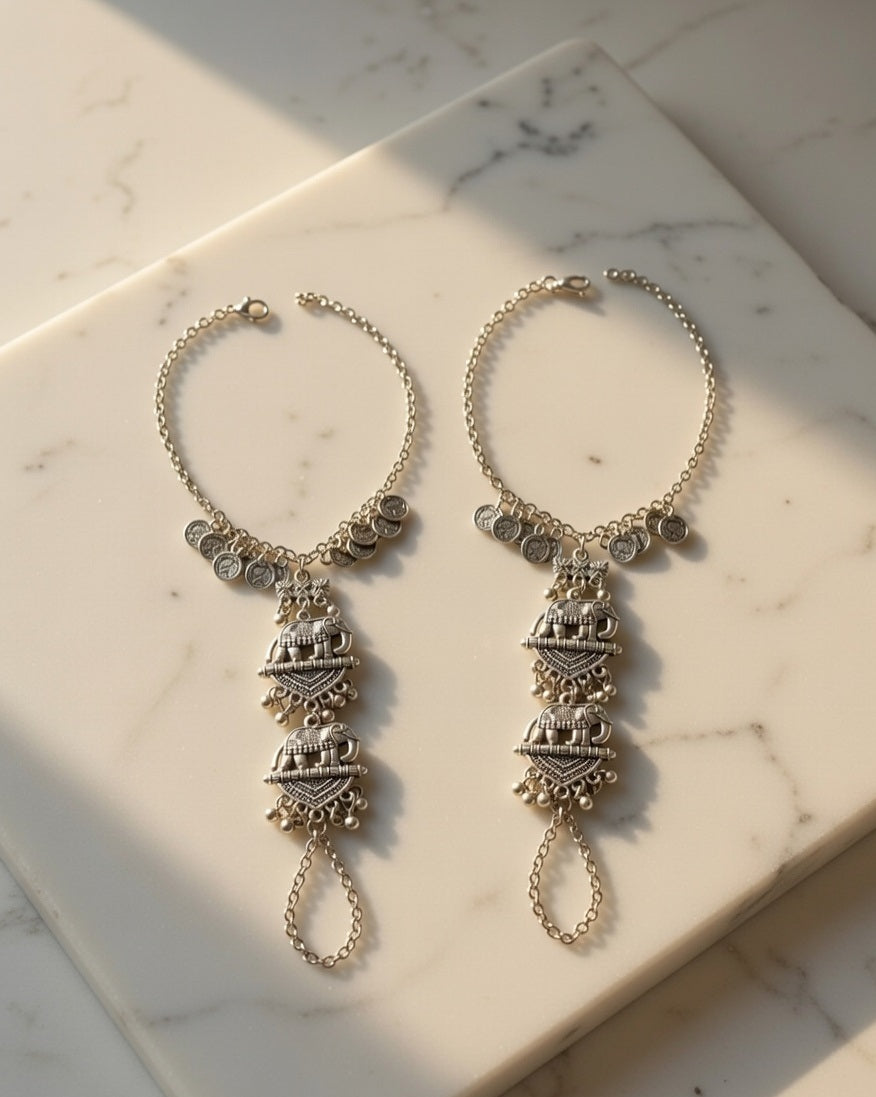 Oxidized Silver-Plated Elephant Motif Haath Phool Set Pair