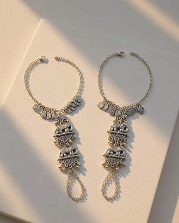 Oxidized Silver-Plated Elephant Motif Haath Phool Set Pair