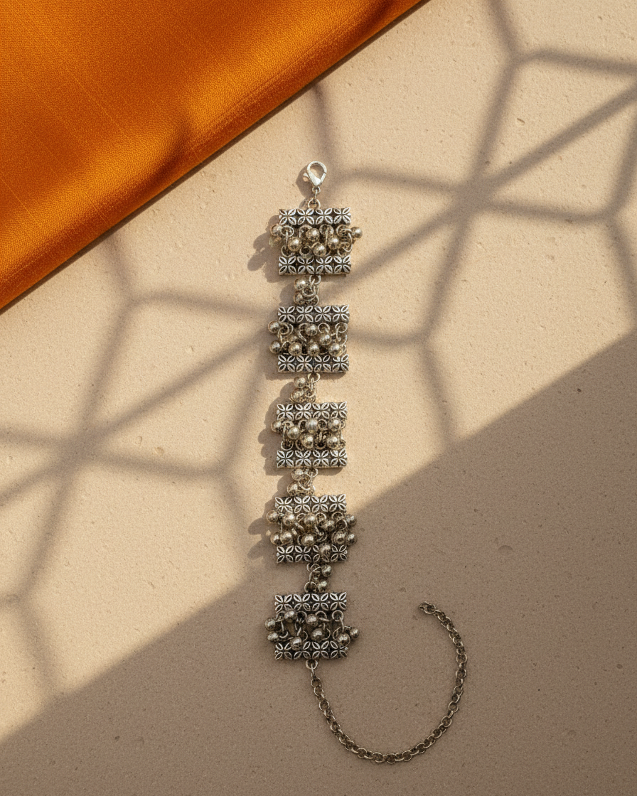 Oxidized Silver-Plated Ethnic Floral Link Bracelet with Ghungroo Charms