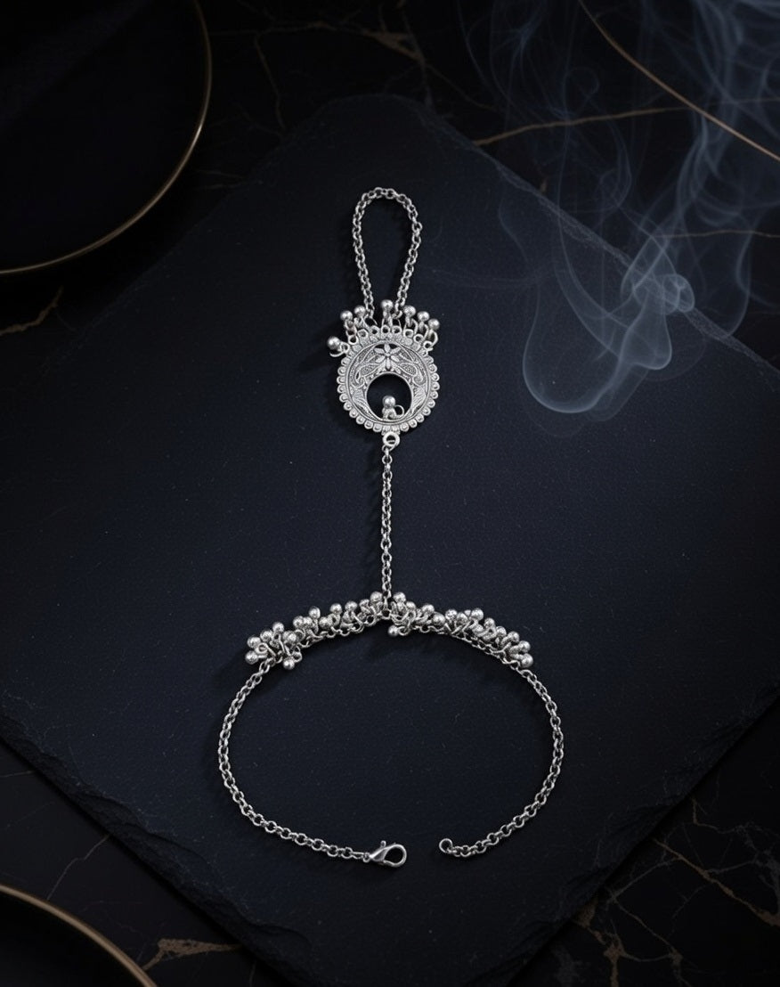 Oxidized Silver-Plated Ethnic Hathphool Hand Harness with Filigree Mandala and Ghungroo Charms