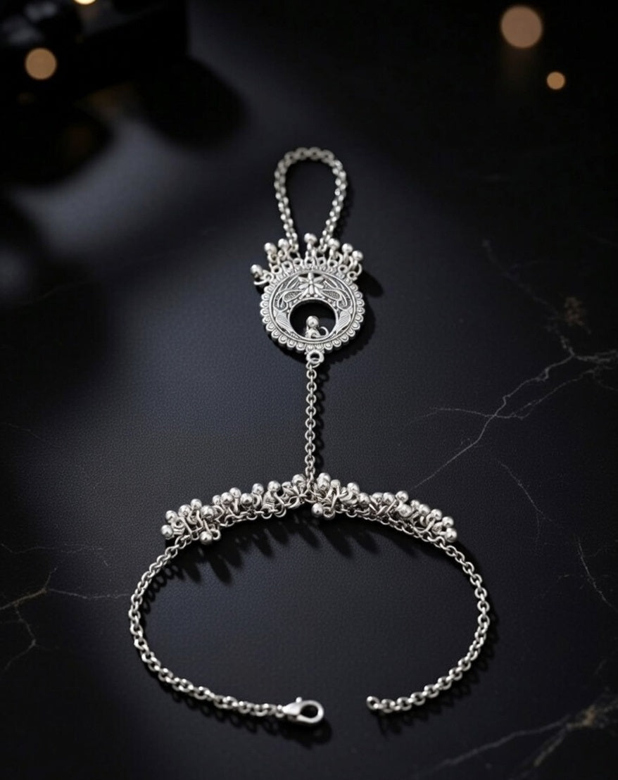Oxidized Silver-Plated Ethnic Hathphool Hand Harness with Filigree Mandala and Ghungroo Charms
