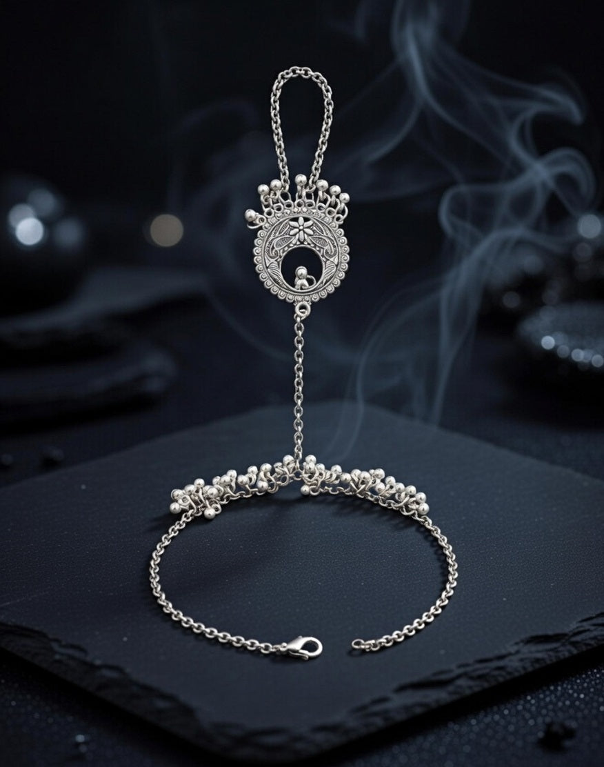 Oxidized Silver-Plated Ethnic Hathphool Hand Harness with Filigree Mandala and Ghungroo Charms