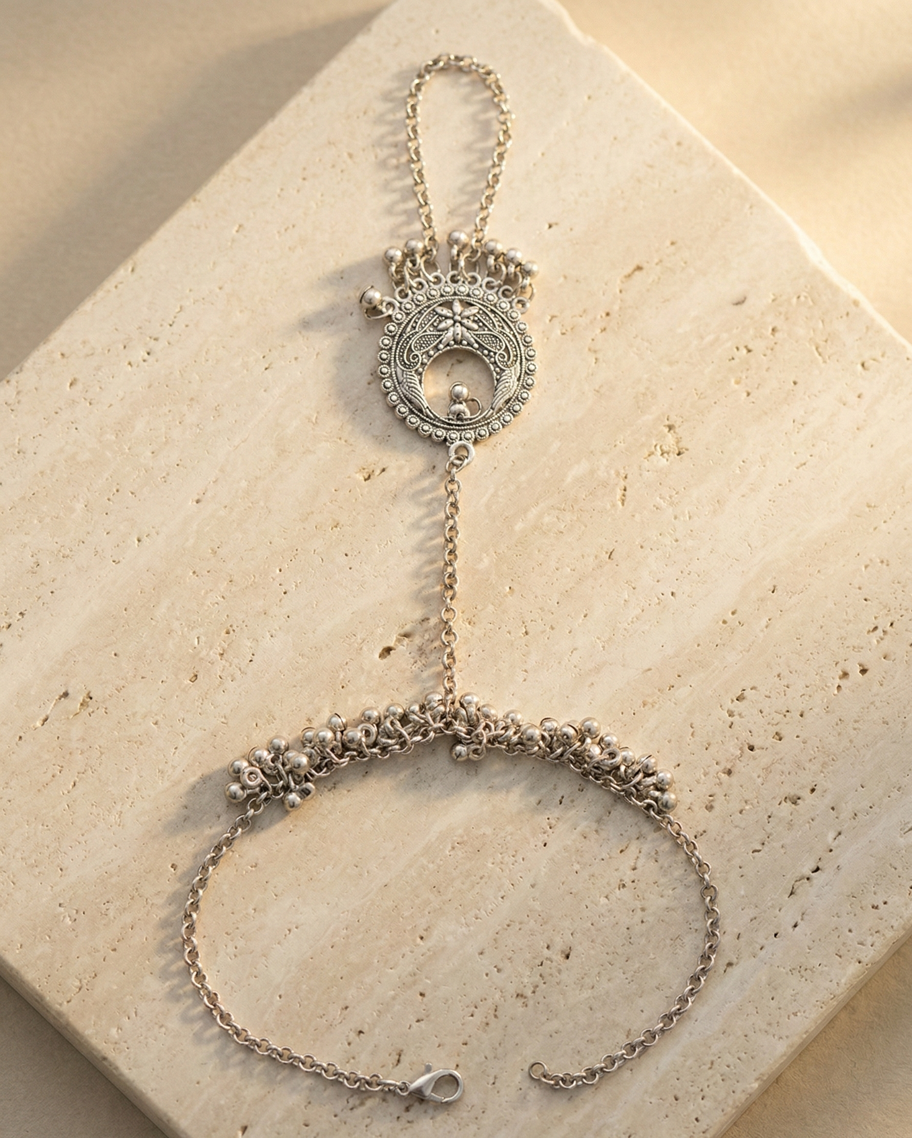 Oxidized Silver-Plated Ethnic Hathphool Hand Harness with Filigree Mandala and Ghungroo Charms