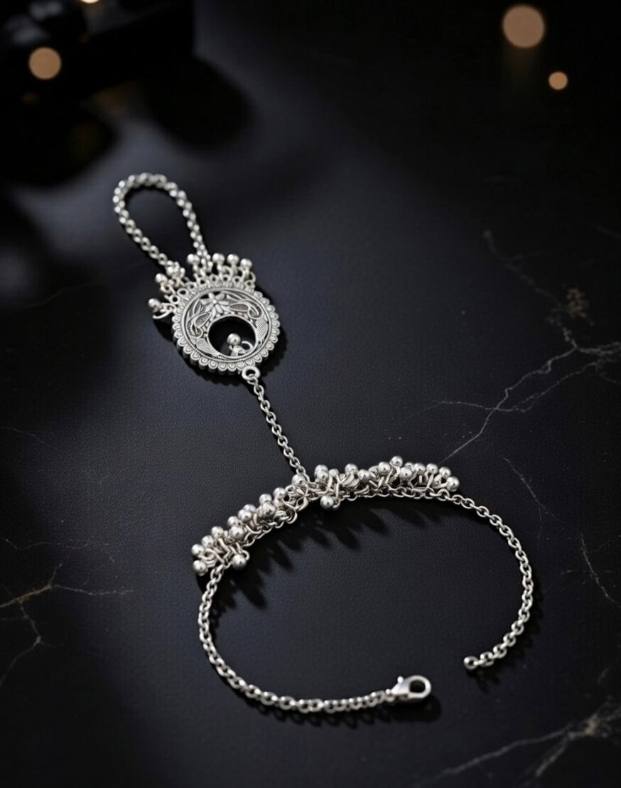 Oxidized Silver-Plated Ethnic Hathphool Hand Harness with Filigree Mandala and Ghungroo Charms