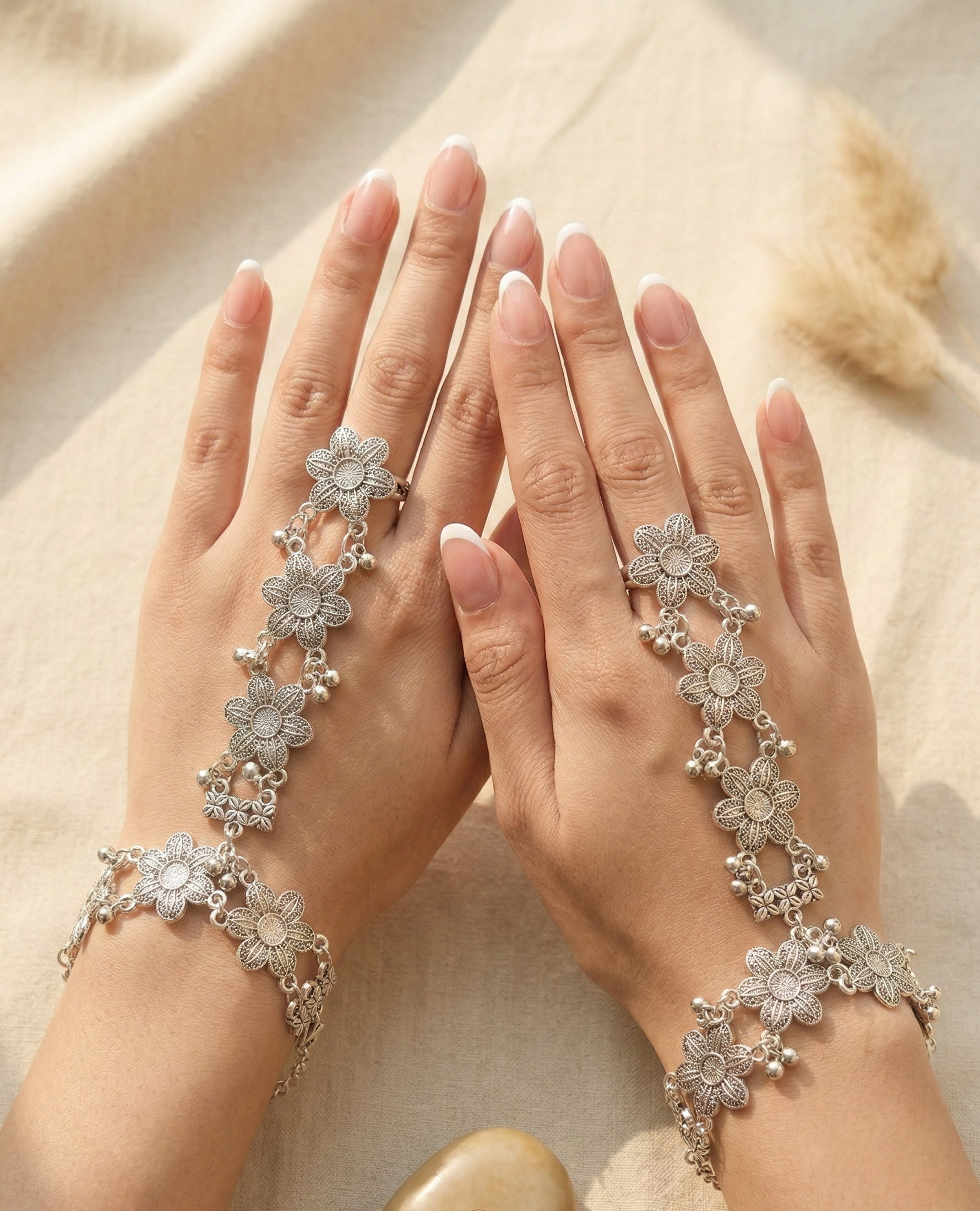 Oxidized Silver-Plated Floral Hathphool Traditional Ethnic Hand Harness for Women