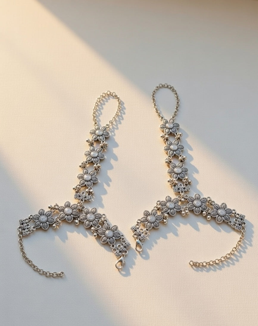 Oxidized Silver-Plated Floral Hathphool Traditional Ethnic Hand Harness for Women
