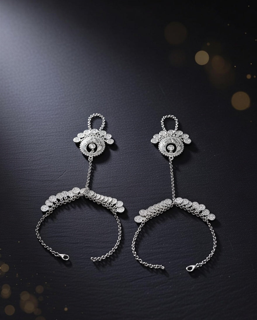 Oxidized Silver-Plated Ghungroo Hathphool Traditional Tribal Hand Harness Pair