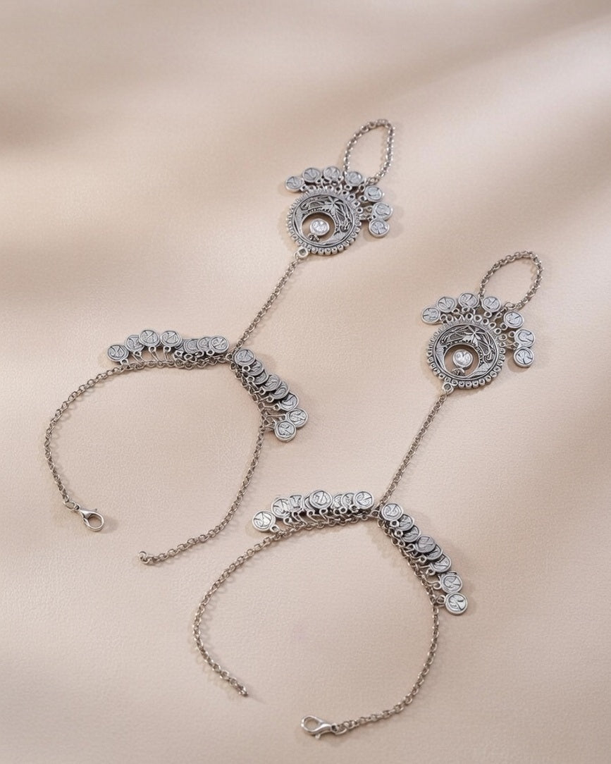 Oxidized Silver-Plated Ghungroo Hathphool Traditional Tribal Hand Harness Pair