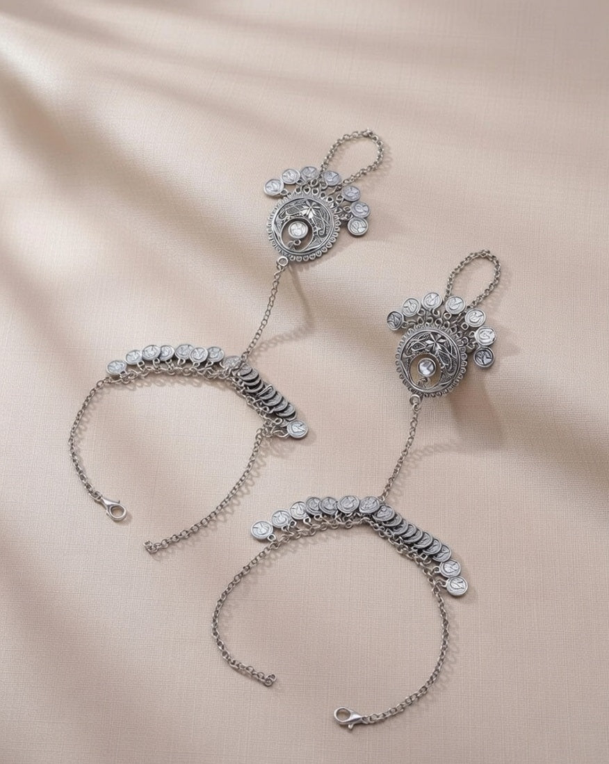 Oxidized Silver-Plated Ghungroo Hathphool Traditional Tribal Hand Harness Pair
