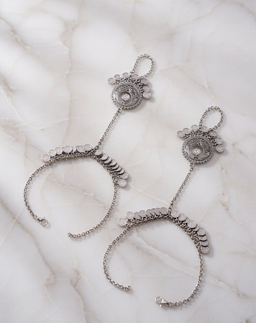 Oxidized Silver-Plated Ghungroo Hathphool Traditional Tribal Hand Harness Pair
