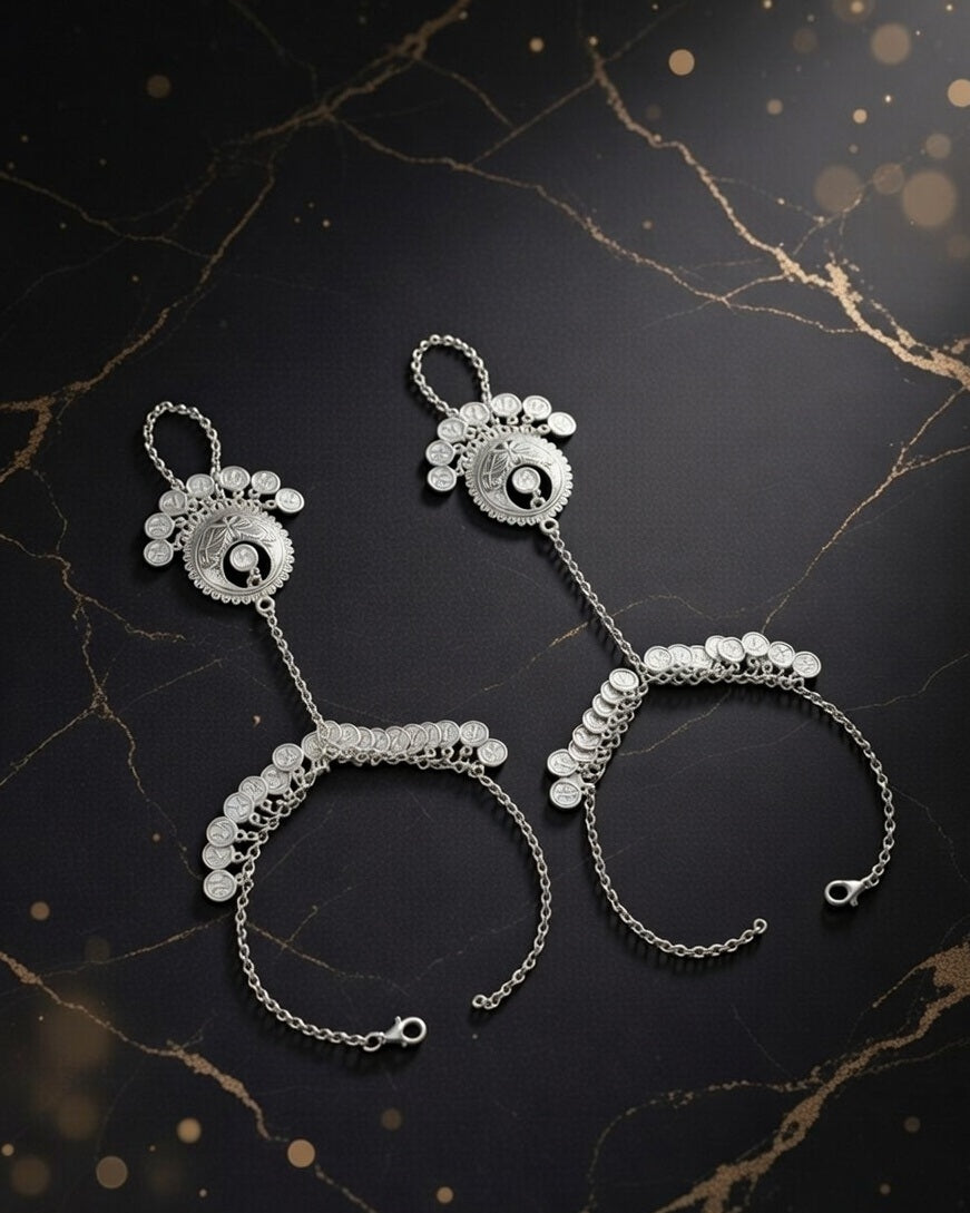 Oxidized Silver-Plated Ghungroo Hathphool Traditional Tribal Hand Harness Pair