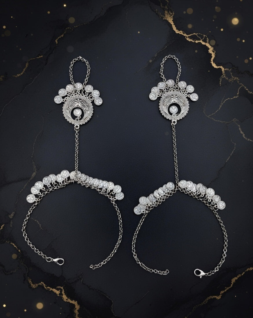 Oxidized Silver-Plated Ghungroo Hathphool Traditional Tribal Hand Harness Pair