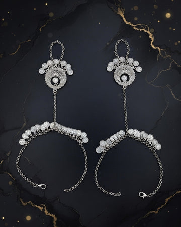 Oxidized Silver-Plated Ghungroo Hathphool Traditional Tribal Hand Harness Pair