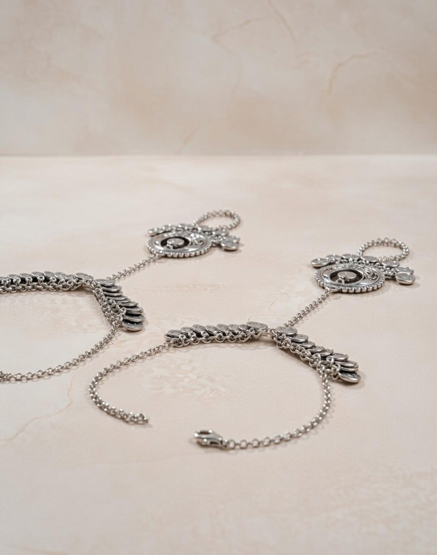 Oxidized Silver-Plated Ghungroo Hathphool Traditional Tribal Hand Harness Pair