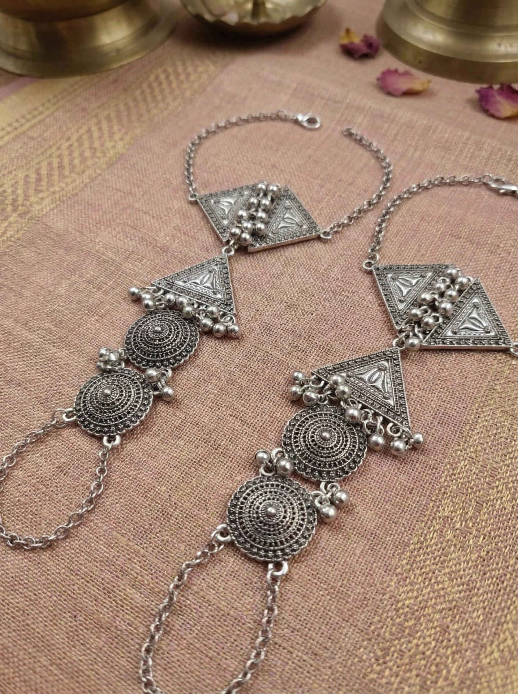 Oxidized Silver-Plated Tribal Geometric Haath Phool Set