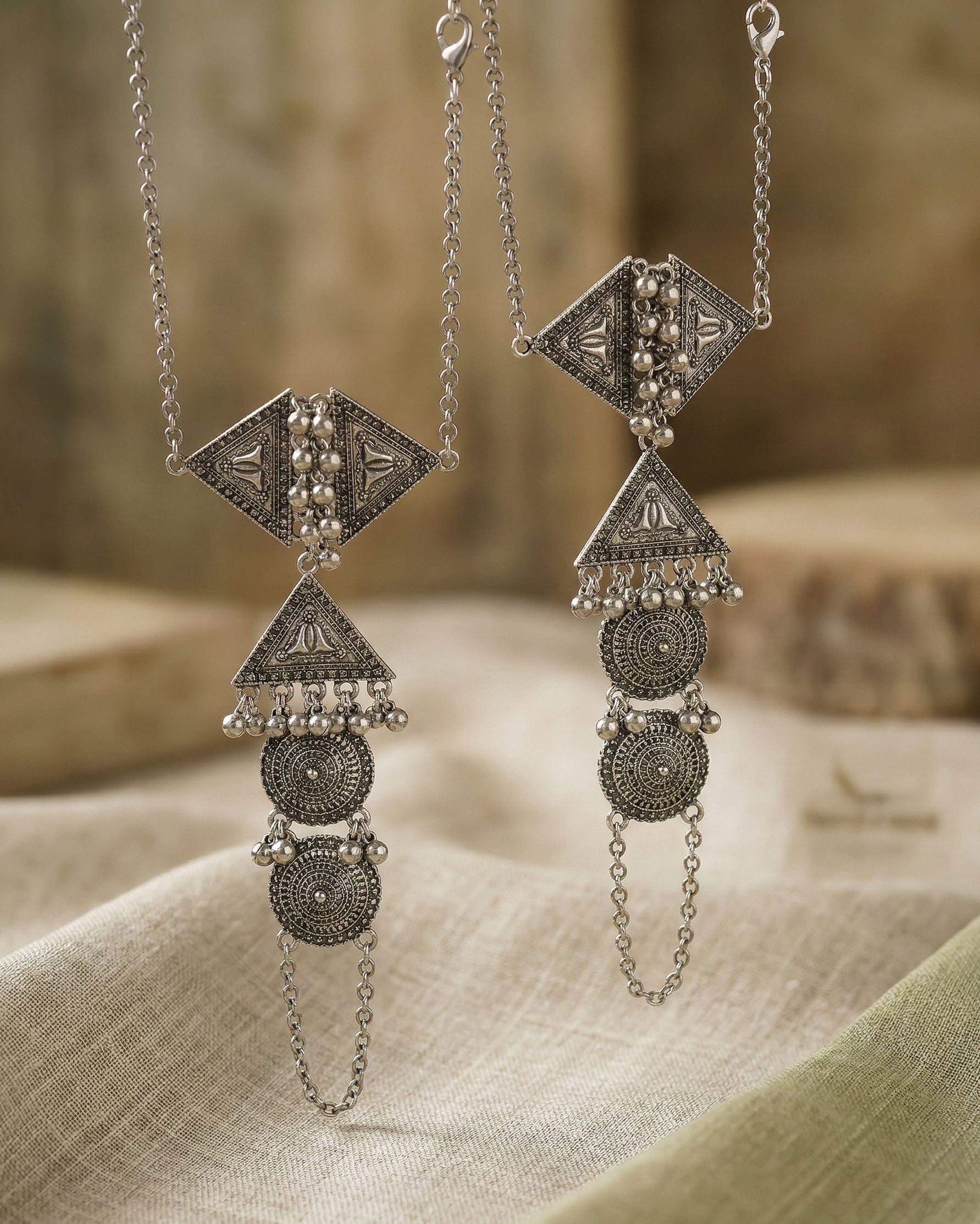 Oxidized Silver-Plated Tribal Geometric Haath Phool Set