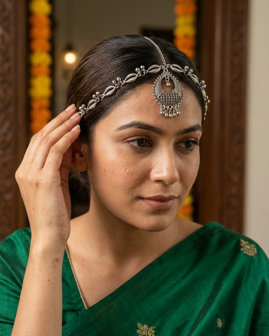 Oxidized Silver Shell-Motif Matha Patti with Intricate Teardrop Maang Tikka