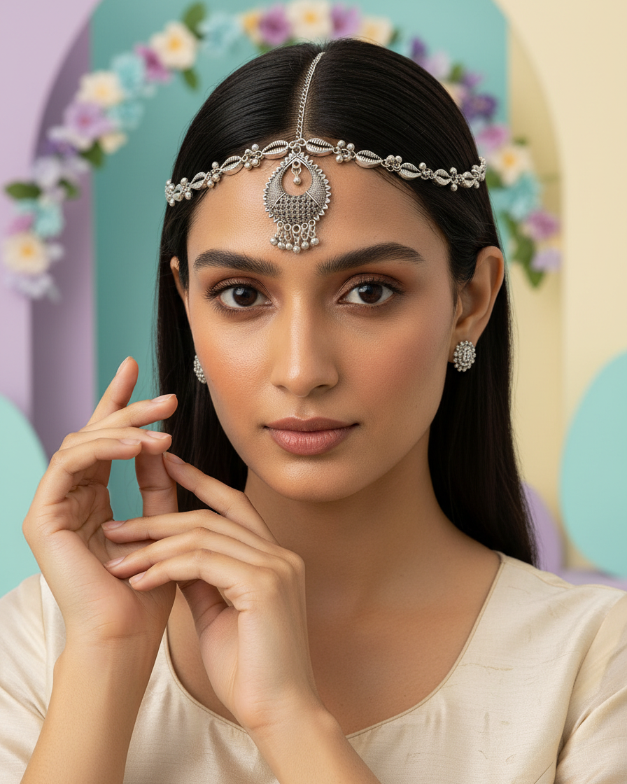 Oxidized Silver Shell-Motif Matha Patti with Intricate Teardrop Maang Tikka
