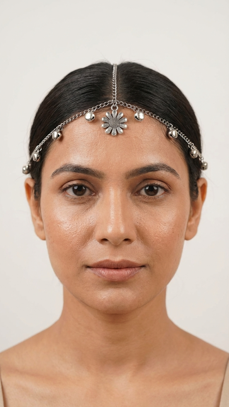 Oxidized Silver-Tone Floral Mathapatti with Ghungroo Charms