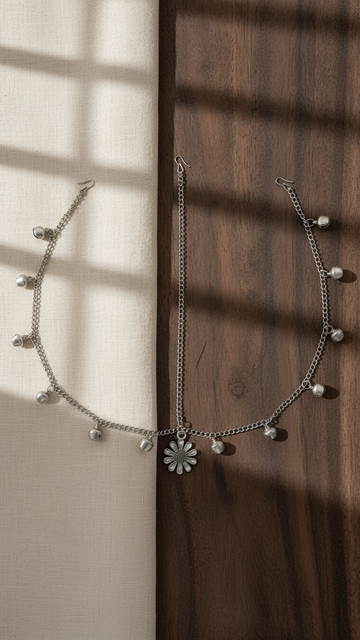 Oxidized Silver-Tone Floral Mathapatti with Ghungroo Charms