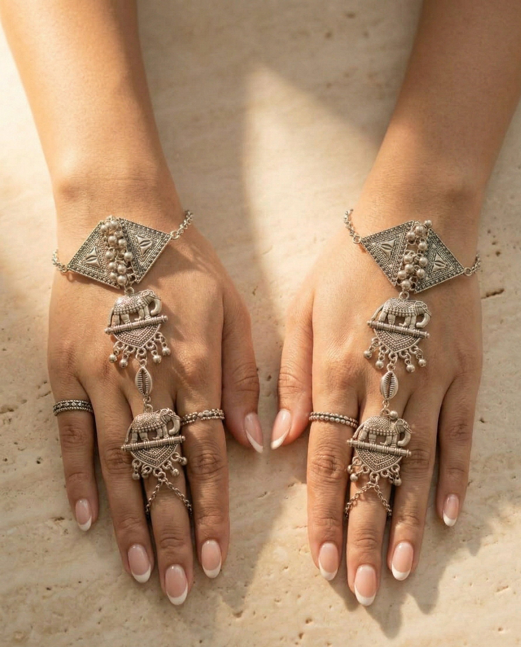Antique Oxidized Silver-Plated Elephant Motif Haath Phool Traditional Tribal Hand Harness with Ring Attachment (Pair)