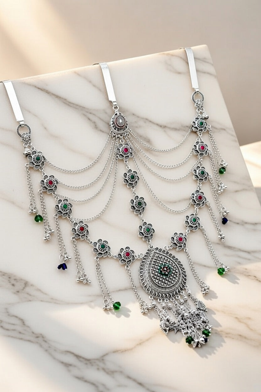 Silver Oxidised Multi-Layered Kamarband with Floral Accents and Colorful Stones